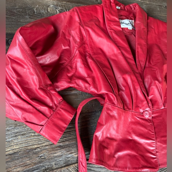Wilson’s Leather 80’s vintage red leather peplum belted jacket Size XS/S - Picture 9 of 10